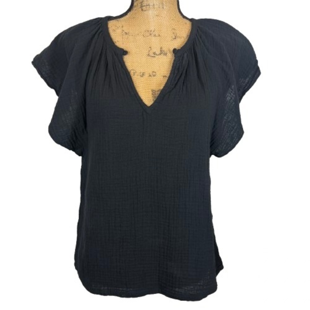Roan + Ryan Elliot Top Black Cotton Gauze Split Neck Flutter Sleeve Blouse Small